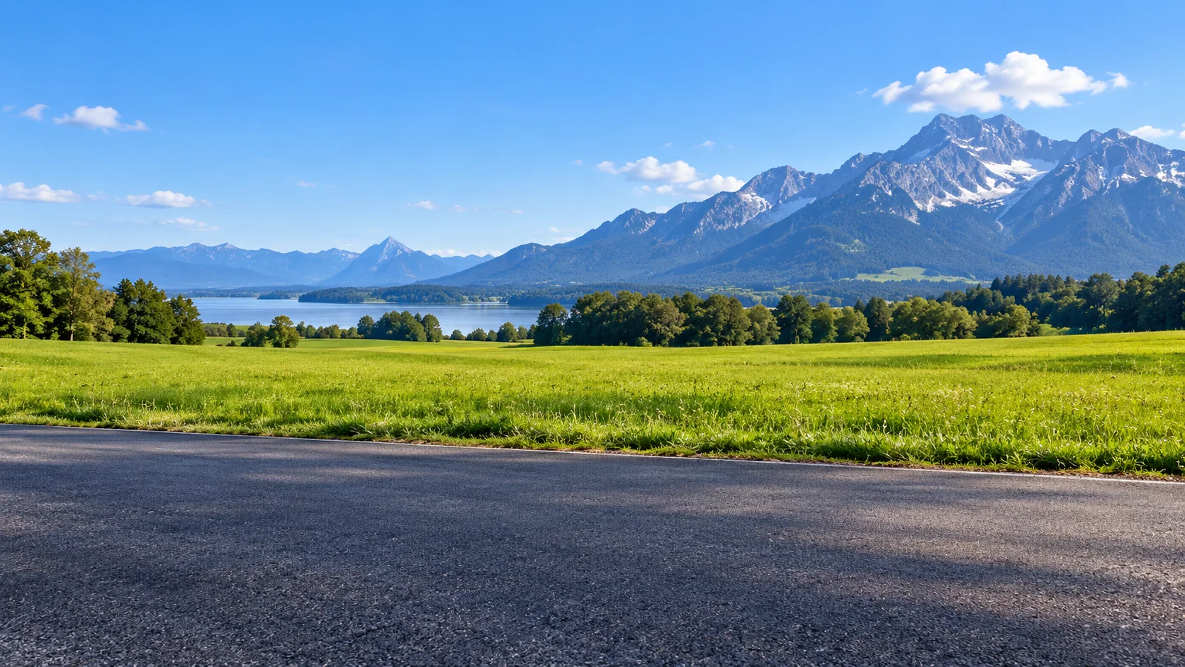 Visualisierte Landschaft nach Chiemsee-Inspiration: Wiese, See und größerer versetzter Alpenberg ohne Häuser