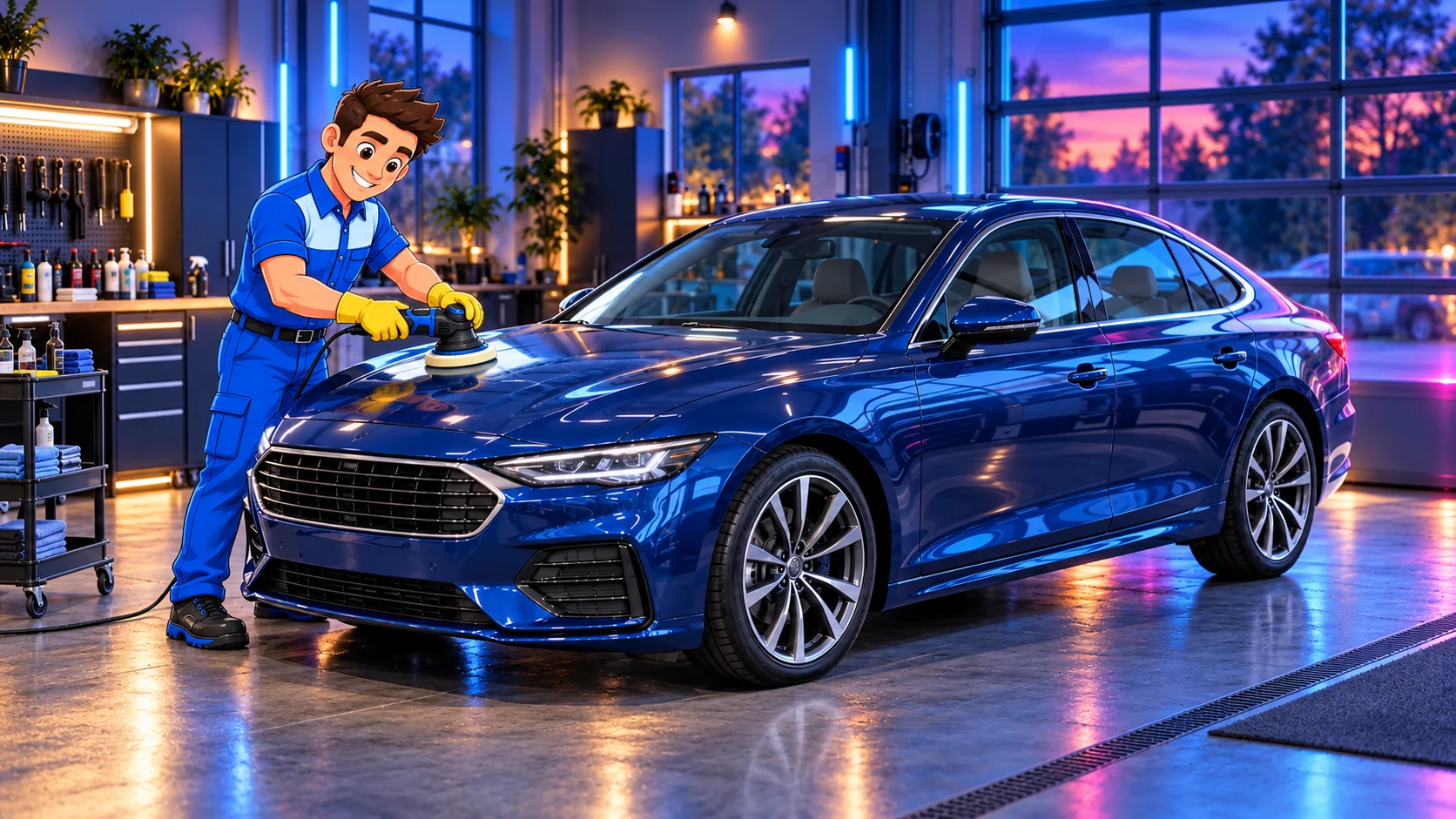 KI-Fotomontage: Das blau gekleidete Comic-Maskottchen poliert konzentriert die Motorhaube einer fotorealistischen blauen Limousine
