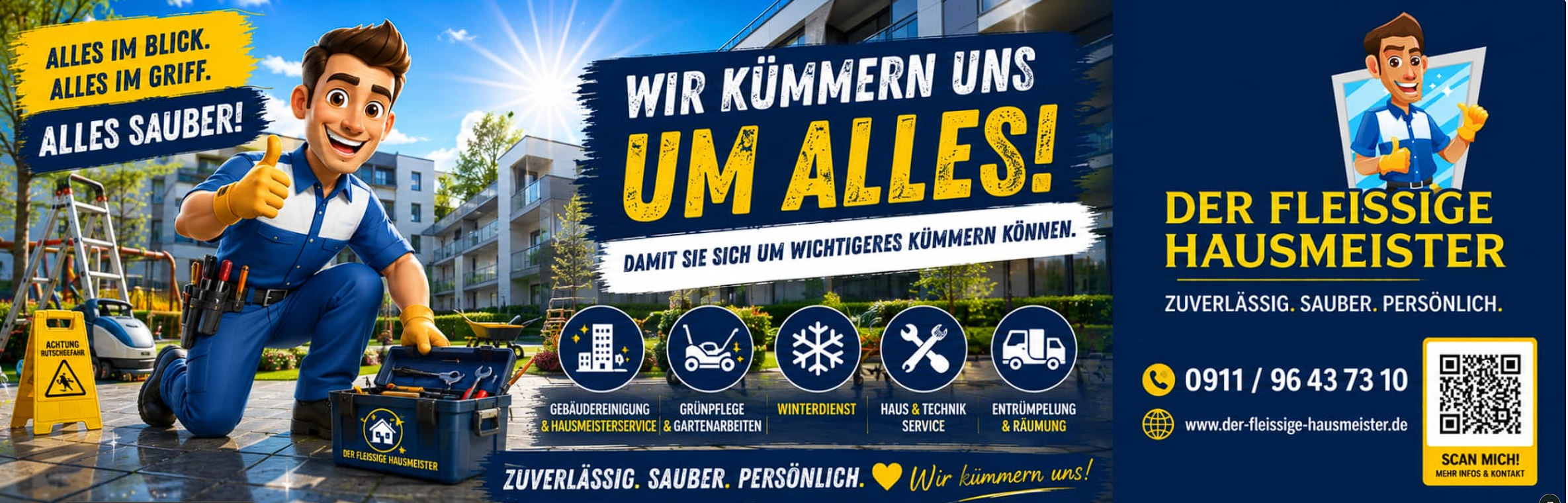 Illustriertes Hausmeister-Maskottchen vor Gebäuden