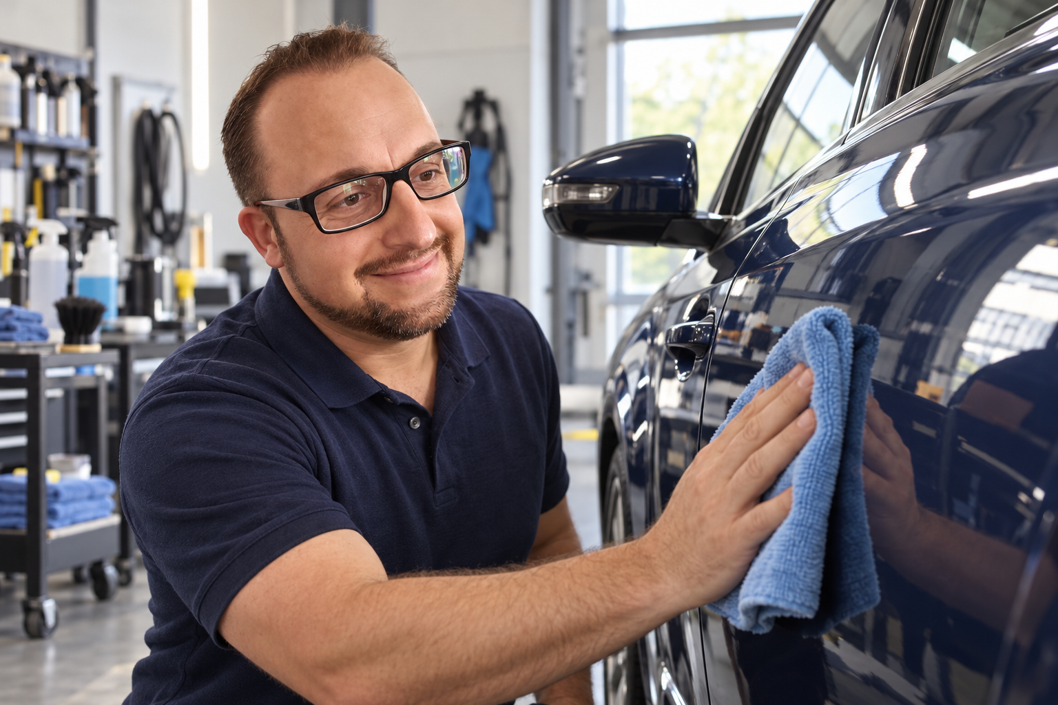 KI-Fotomontage nach Porträtvorlagen: Matthias Merklein bei einer beispielhaften Handpflege am Auto