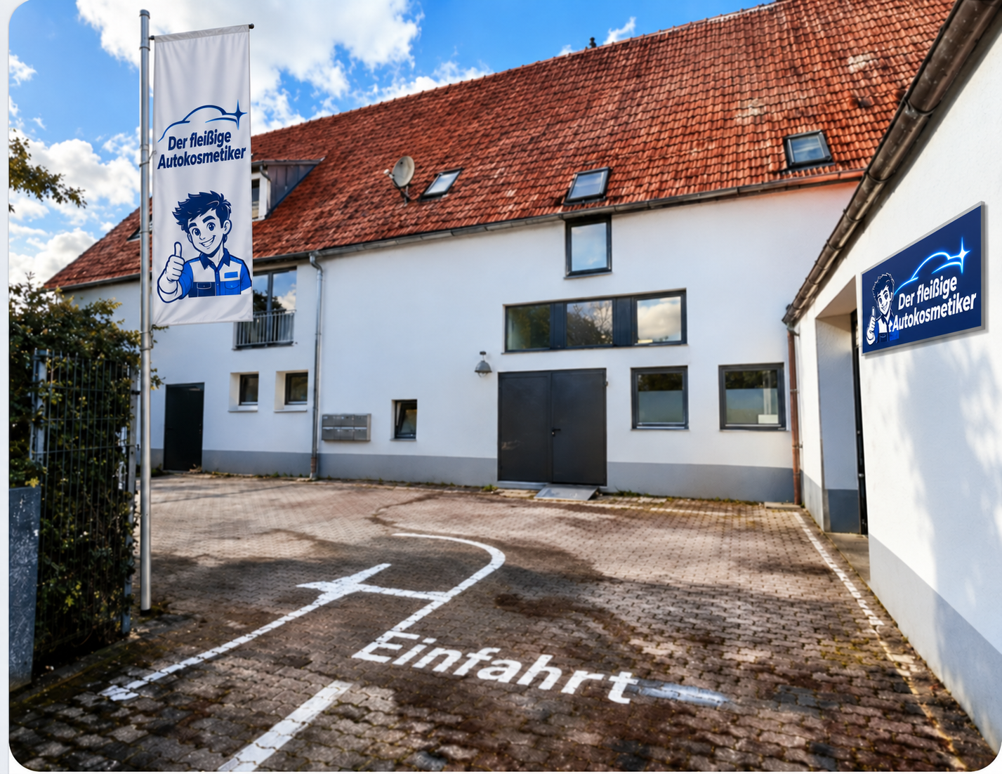 Fotomontage der Niederlassung mit weißer Autokosmetiker-Fahne und blauem Gebäudeschild