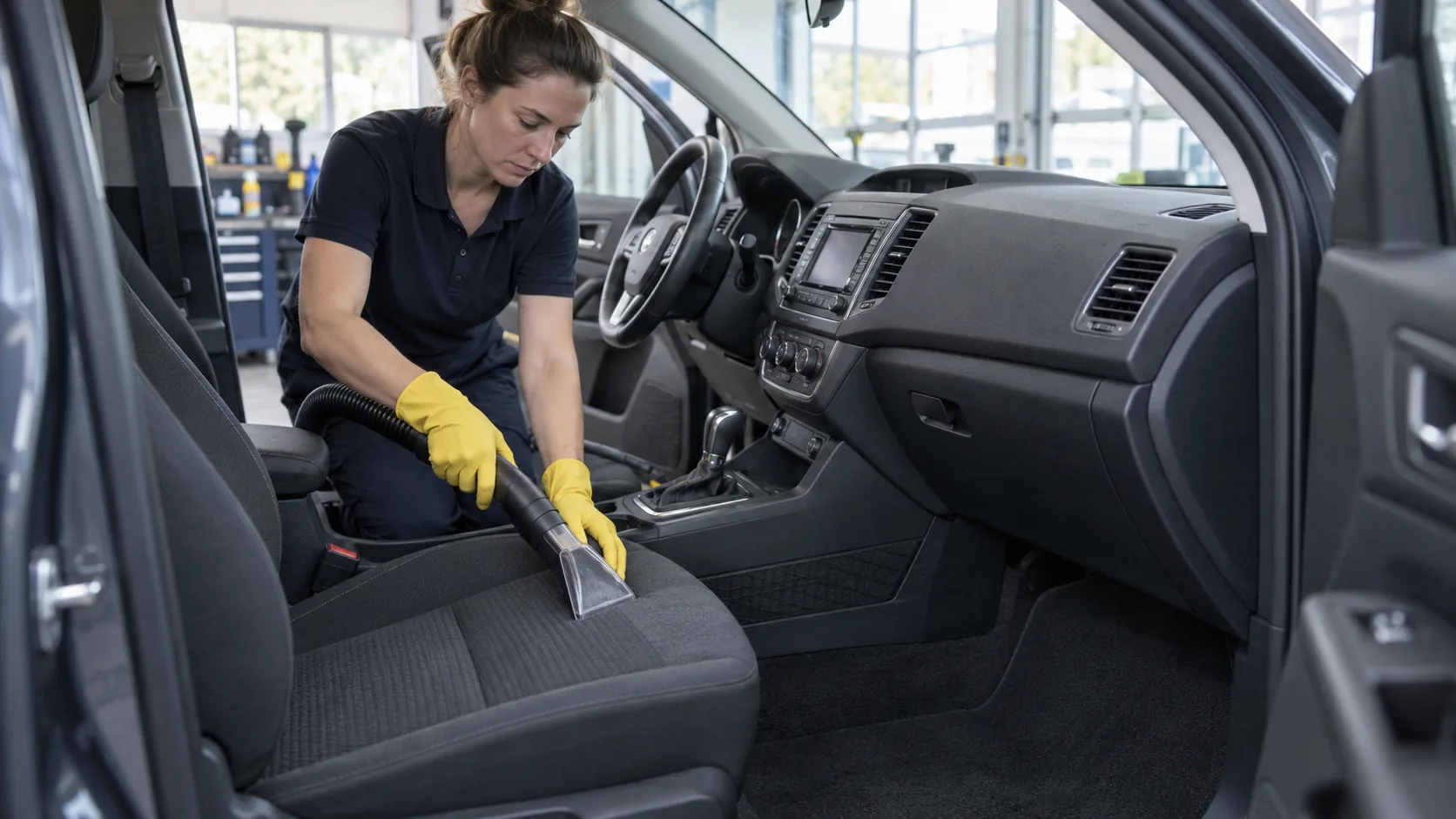 KI-generierte realistische Person bei der Reinigung eines Fahrzeugsitzes